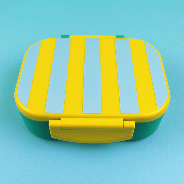 Brotdose/Lunchbox mit herausnehmbarem Einsatz, Stripes gelb/hellblau/grün inkl. Geschenkkarton