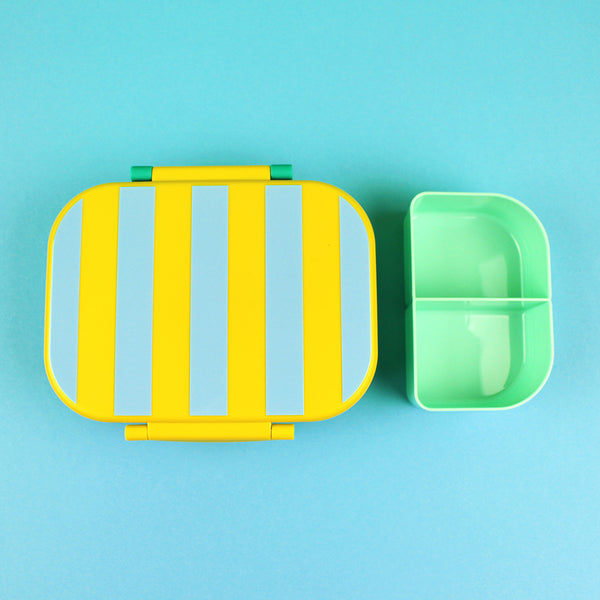Brotdose/Lunchbox mit herausnehmbarem Einsatz, Stripes gelb/hellblau/grün inkl. Geschenkkarton