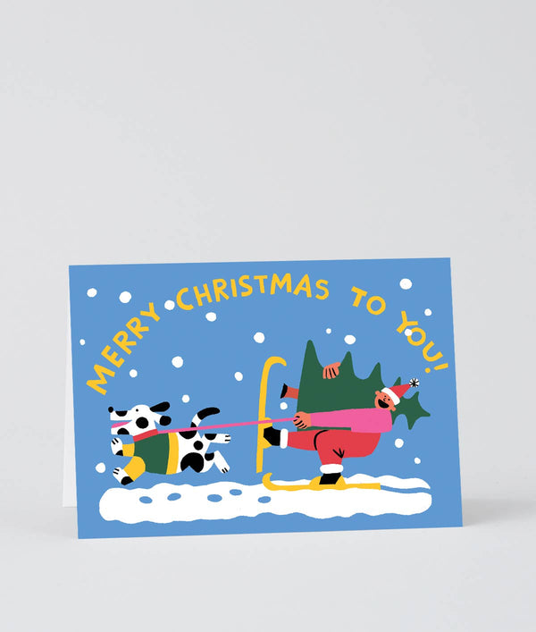 Weihnachtsgrußkarte mit geprägtem Ski-Motiv