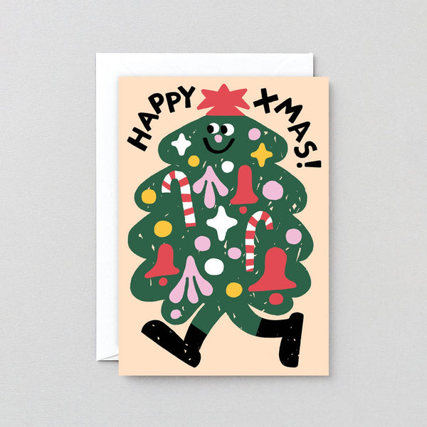 Weihnachtskarte mit geprägtem 'Happy Xmas'-Weihnachtsbaum