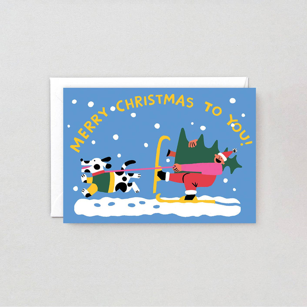 Weihnachtsgrußkarte mit geprägtem Ski-Motiv