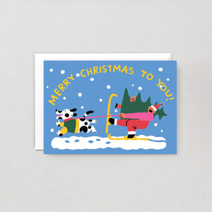 Weihnachtsgrußkarte mit geprägtem Ski-Motiv