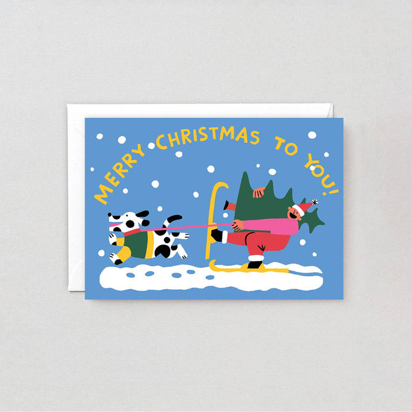 Weihnachtsgrußkarte mit geprägtem Ski-Motiv