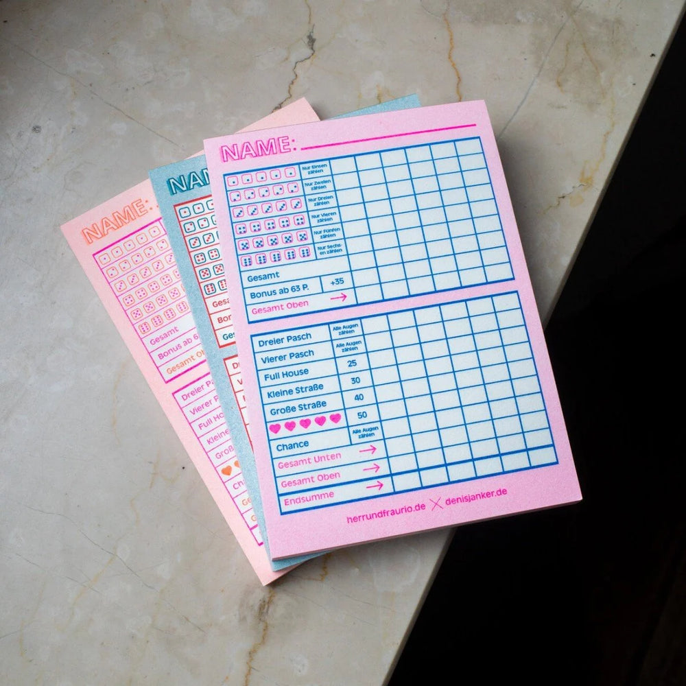 Würfelspiel Block "pink-blau"