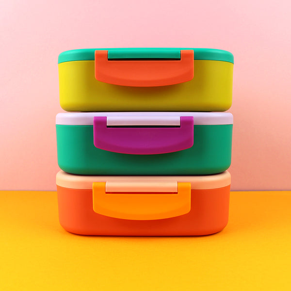 Brotdose/Lunchbox mit herausnehmbarem Einsatz – mint/gelb/apricot im Geschenkkarton