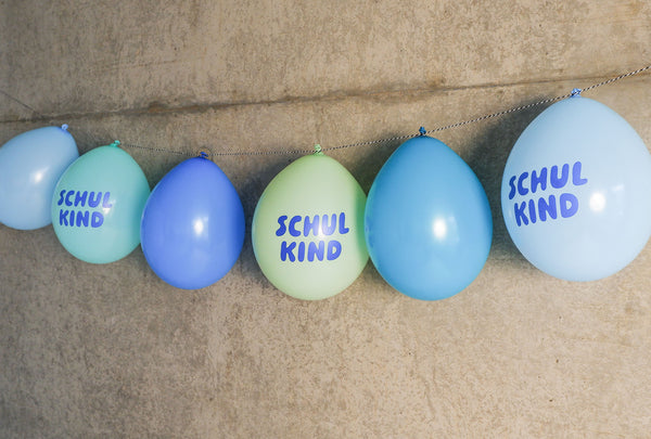 Bio-Schulkind Luftballon 6er Set | blau-Mix | Kopfdruck | Dekoration zur Einschulung | 100% Naturkautschuk