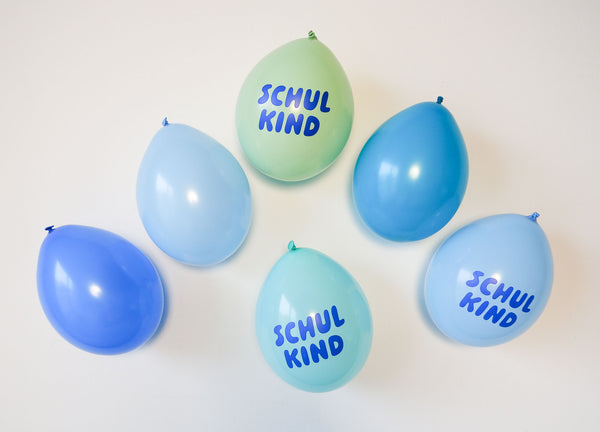 Bio-Schulkind Luftballon 6er Set | blau-Mix | Kopfdruck | Dekoration zur Einschulung | 100% Naturkautschuk