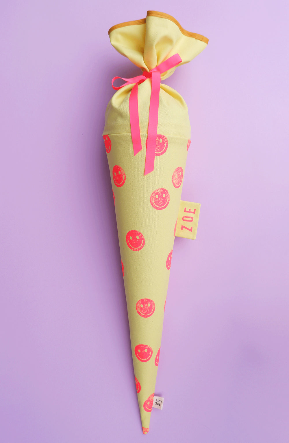 Gelbe Schultüte aus Stoff – Motiv  Pinke Smileys