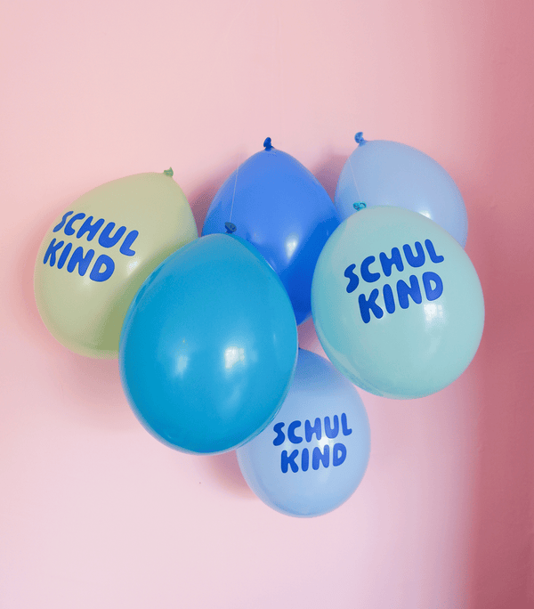 Bio-Schulkind Luftballon 6er Set | blau-Mix | Kopfdruck | Dekoration zur Einschulung | 100% Naturkautschuk
