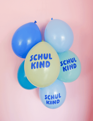 Bio-Schulkind Luftballon 6er Set | blau-Mix | Kopfdruck | Dekoration zur Einschulung | 100% Naturkautschuk