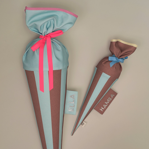 Schultüte aus Stoff –  STREIFEN  hellblau / braun